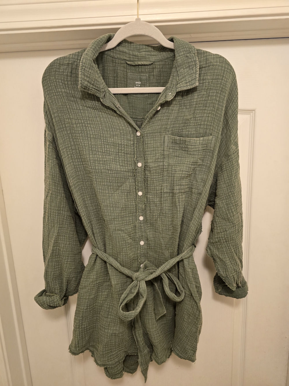 aerie Olive Green Textured Button-Down Romper with Waist Tie
